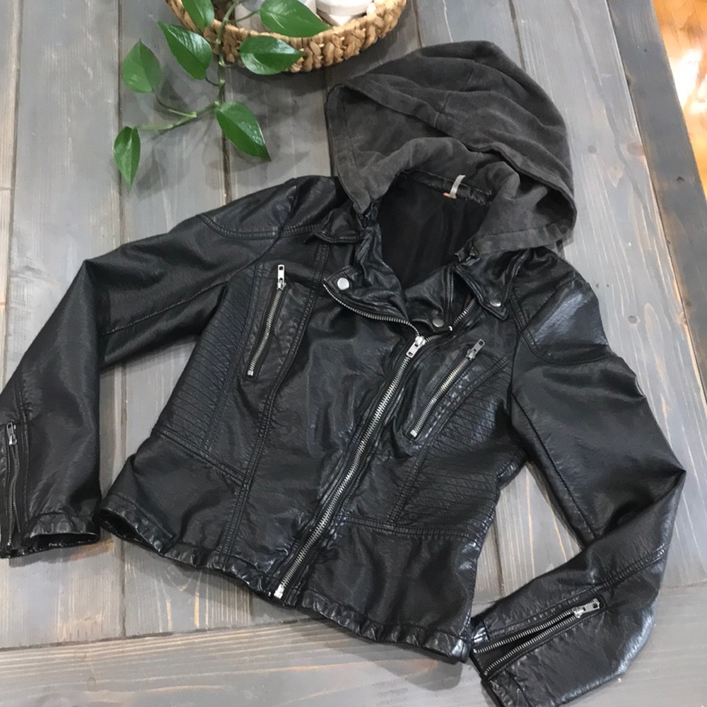 Free People Black Vegan Leather Hooded Moto Jacket